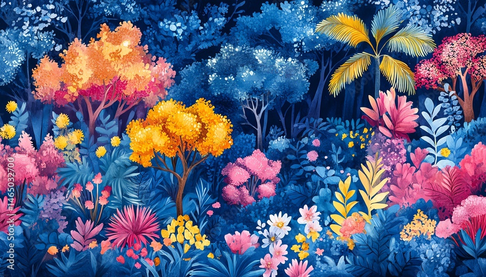 Vibrant, colorful fantasy forest scene. Tropical plants and trees.