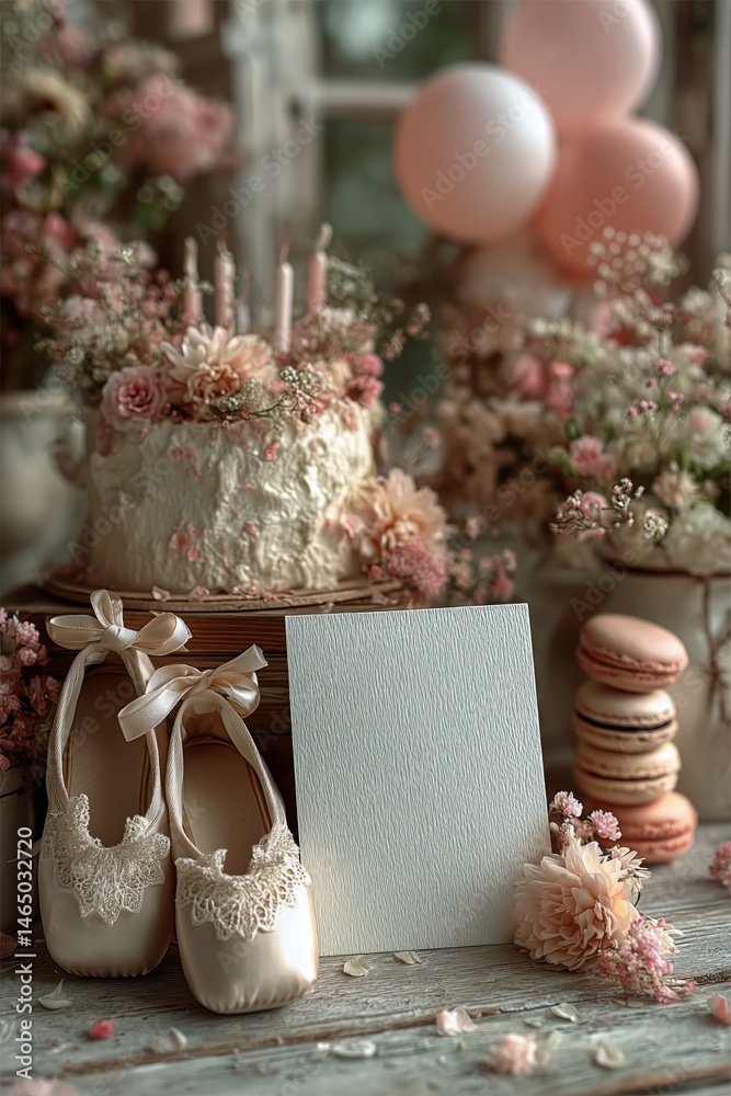 Elegant Dessert Table With Ballet Slippers and Floral Decorations for a Special Celebration