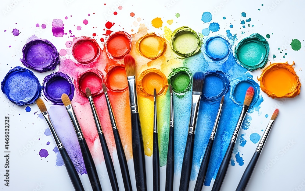 Vibrant watercolor paints and brushes arranged in a rainbow.