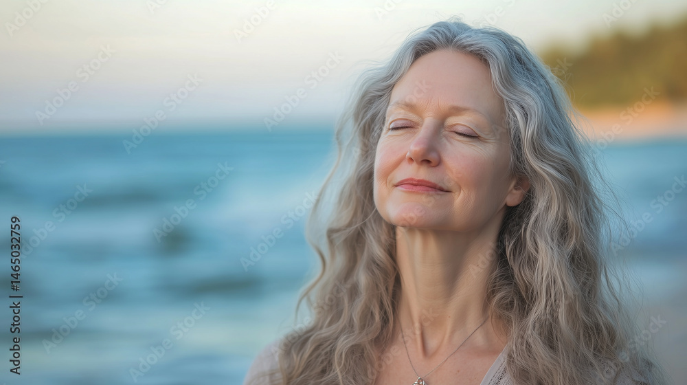 Serene Caucasian woman in upper body shot with soft natural side lighting, blurred seashore background featuring gentle waves, f/2.8 aperture Serene Caucasian woman in upper body shot with soft natural side lighting, blurred seashore background featuring gentle waves, f/2.8 aperture