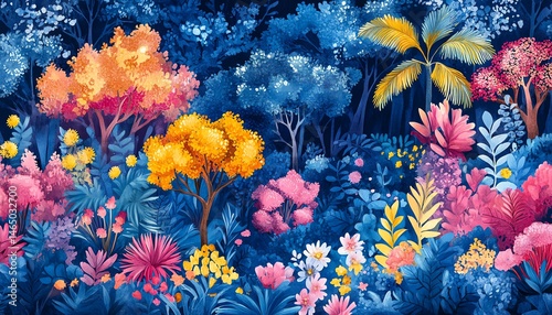 Obraz na płótnie Vibrant, colorful fantasy forest scene. Tropical plants and trees. w salonie