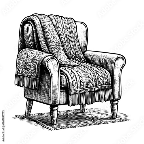 Sofa with blanket engraving black and white outline. Scratch board imitation.  illustrated in vintage line art style on a white background.