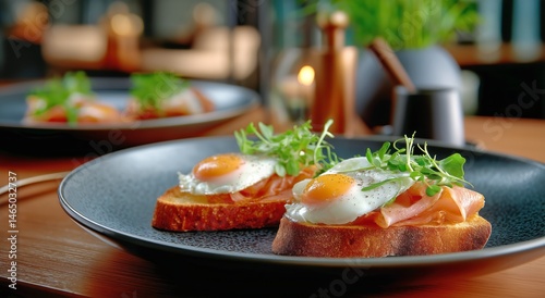 Obraz na płótnie Delicious Breakfast With Poached Eggs and Smoked Salmon on Toasted Bread Served in Modern Restaurant w salonie