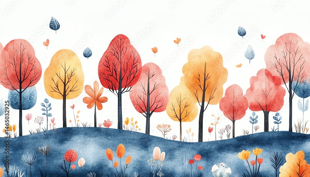 Watercolor autumn landscape, colorful trees, fall foliage, nature illustration.