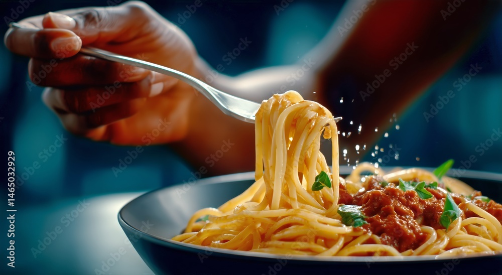 Delicious Spaghetti Twirled With Fork Showing Rich Sauce and Fresh Herbs at a Cozy Dining Setting