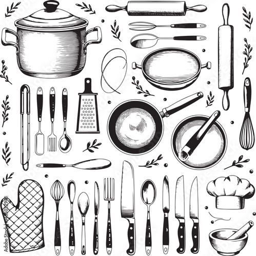 various kitchen utensils and cookware line art design stock photos premium quality