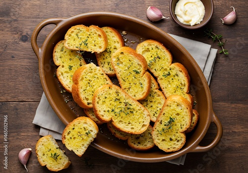 Overhead view of garlic bread slices in a brown dish with garlic cloves and butter on wood table