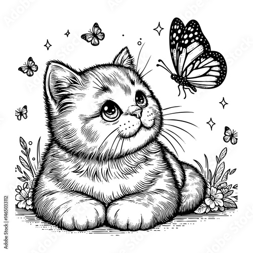 Cat with butterfly sketch portrait engraving black and white outline. Scratch board imitation.