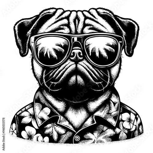Pitbull dog wear hawaiian shirt holding cocktail sketch engraving black and white outline. Scratch board imitation.  illustrated in vintage line art style on a white background.