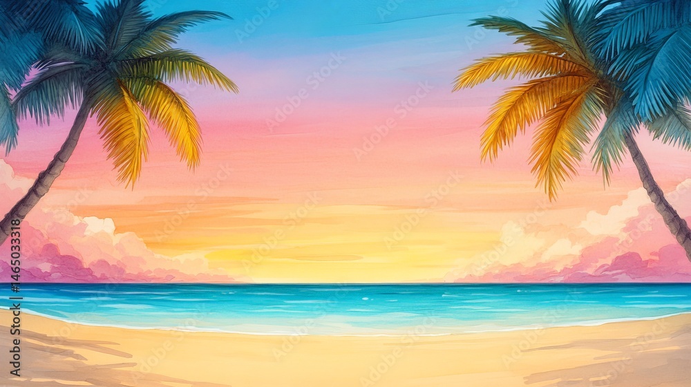 Tropical beach with palm trees and clear blue water under a pastel sunset sky Tropical beach with palm trees and clear blue water under a pastel sunset sky