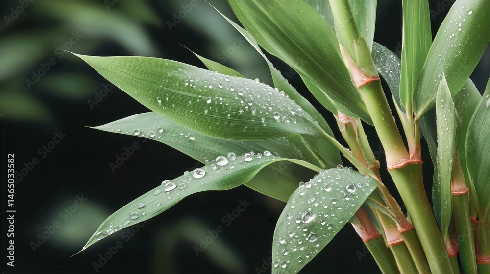 Beautiful Bamboo Leaves Glistening With Fresh Water Droplets After Rainfall in a Tranquil Garden