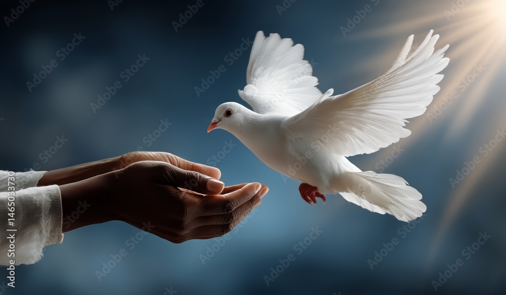 Dove Taking Flight From Open Hands in a Serene Setting Showcasing Peace and Connection