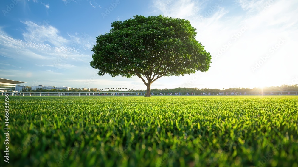Obraz premium Tall tree in the middle of a racecourse, with competitors running by during a sporting competition.