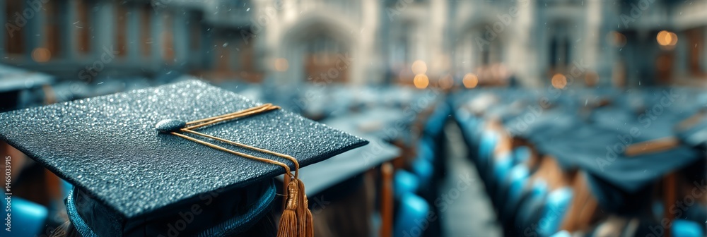 Graduation Ceremony Featuring Graduates in Caps and Gowns During a Rainy Outdoor Celebration