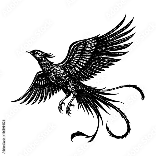 Phoenix sketch engraving black and white outline. Scratch board imitation.
