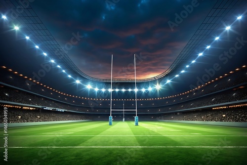 Dramatic stadium interior rendering of a rugby field at night illuminated by bright lights