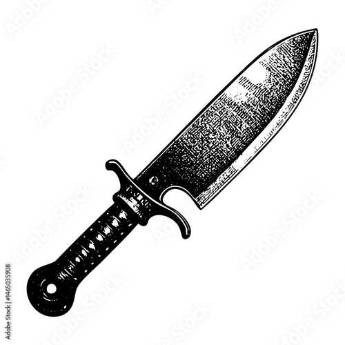 Machete knife sketch engraving black and white outline. Scratch board imitation.  illustrated in vintage line art style on a white background.