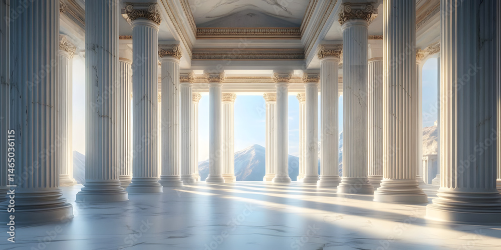 Fototapeta premium ancient Greek architecture with pillars and a classical marble interior for showcasing a product.