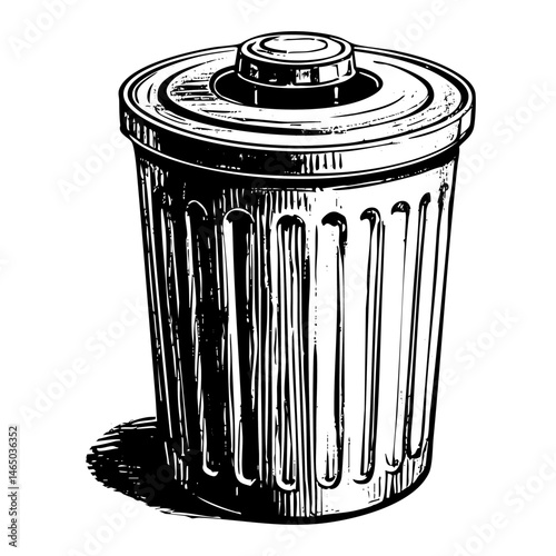 trash can sketch engraving black and white outline. Scratch board imitation.