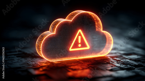 Glowing cloud symbol with warning sign represents cloud computing security concerns, emphasizing importance of vigilance in digital environments. This evokes sense of urgency and caution