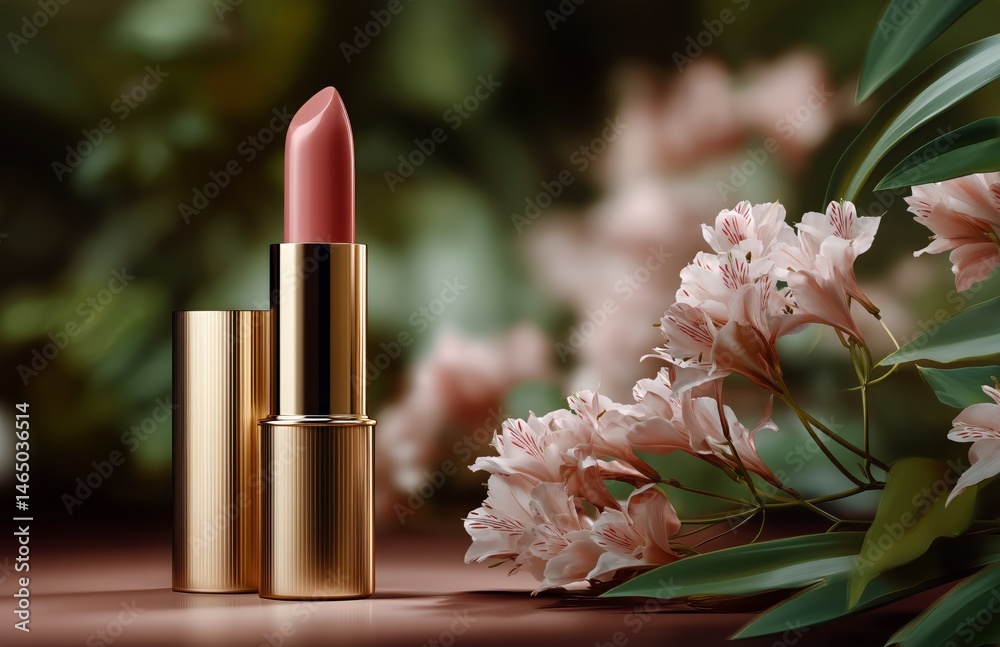 Elegant Lipstick Placed on Soft Fabric With Flowers in a Serene Setting During Daylight