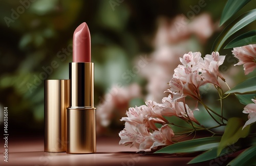 Obraz na płótnie Elegant Lipstick Placed on Soft Fabric With Flowers in a Serene Setting During Daylight w salonie