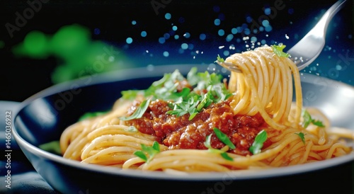 Obraz na płótnie Delicious Spaghetti With Meat Sauce and Herbs Served in a Black Bowl on a Dark Background w salonie