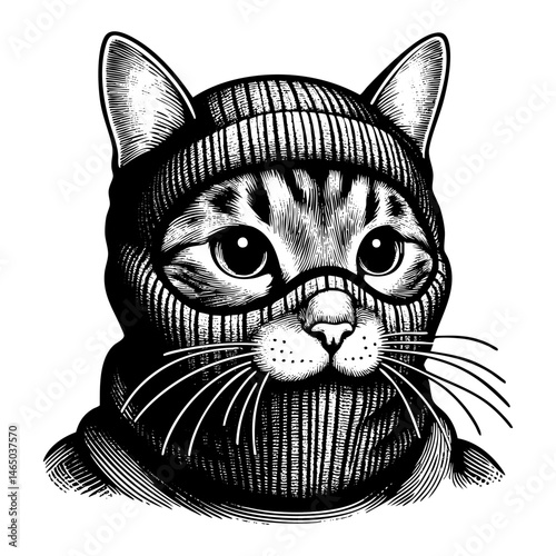 cat wear balaclava sketch engraving black and white outline. Scratch board imitation.