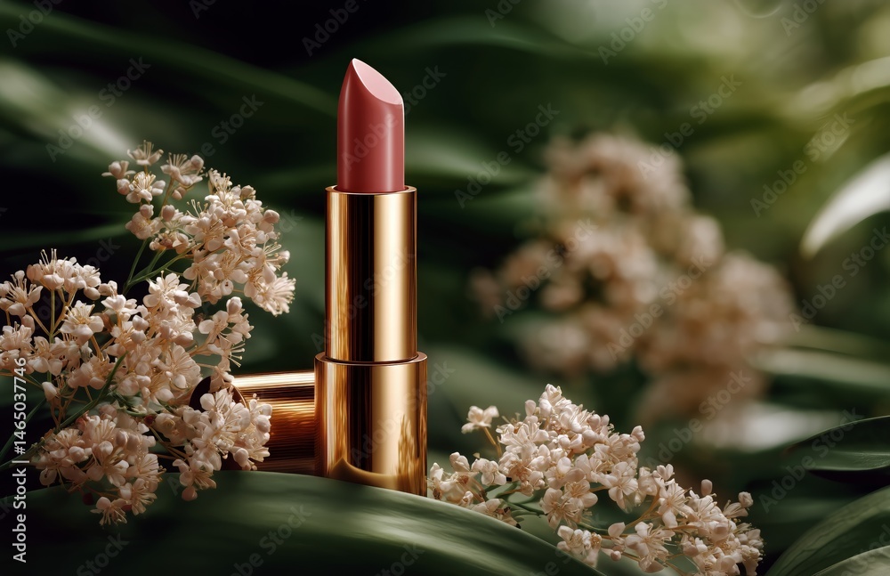 Elegant Lipstick Placed Among Lush Green Foliage and Delicate Flowers in a Serene Setting