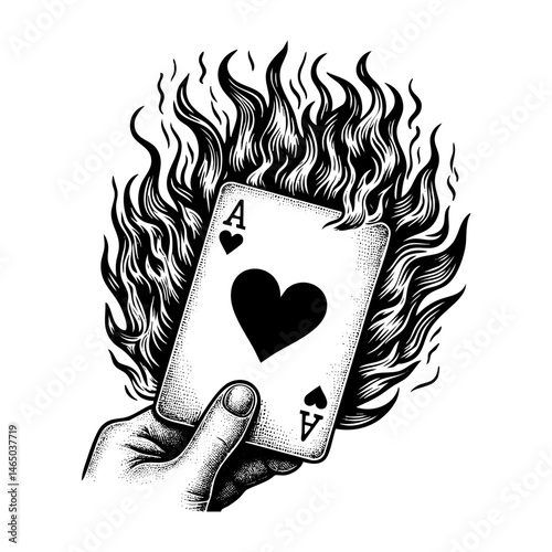 Ace card burned sketch engraving black and white outline. Scratch board imitation.
