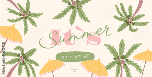 Summer poster with palm trees and beach umbrellas in pastel colors. Retro typography in art style. Hand drawn tropical design for seasonal sale, postcard, banner, promotion, print, ads.