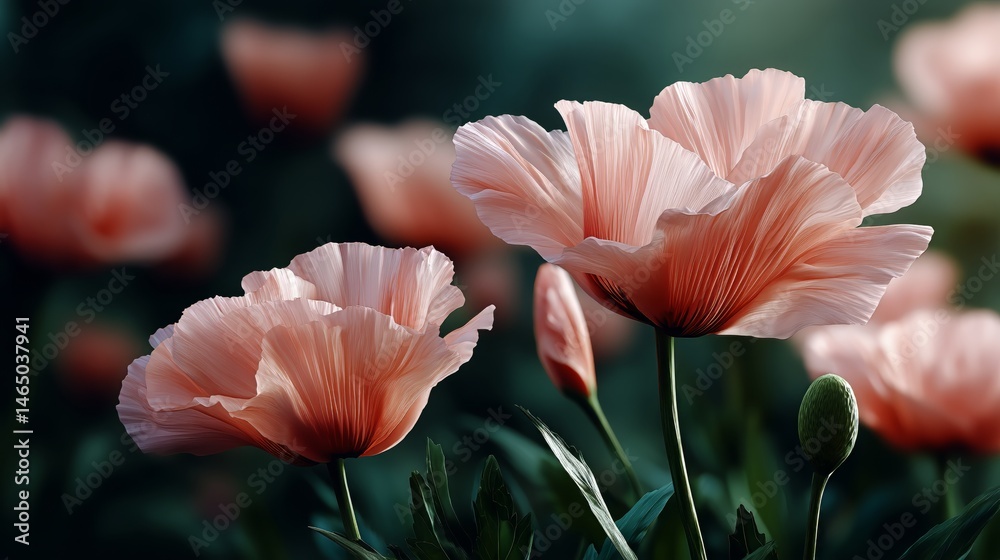 Beautiful Pink Flowers Blooming in a Lush Field Against a Soft Sunset Backdrop