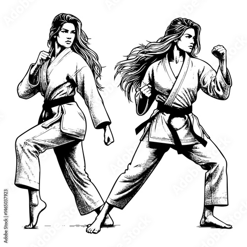 Woman karate engraving black and white outline. Scratch board imitation.  illustrated in vintage line art style on a white background.