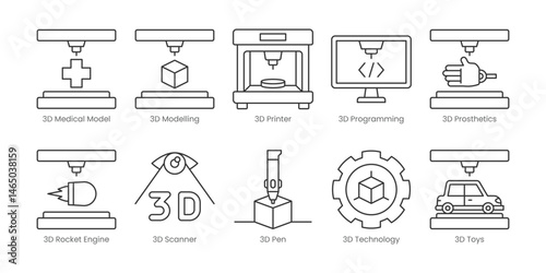 3D Printing  Outline Icons Set – 3D Medical Model, 3D Modelling, 3D Printer, 3D Programming, 3D Prosthetics, 3D Pen, 3D Rocket Engine, 3D Scanner, 3D Technology, 3D Toys, Editable Stroke.