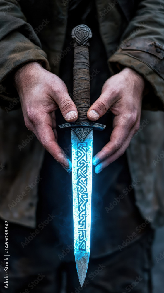 Person holds glowing rune inscribed sword, blue light illuminating their hands. scene is mysterious and captivating