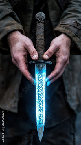 Obraz na płótnie Person holds glowing rune inscribed sword, blue light illuminating their hands. scene is mysterious and captivating w salonie