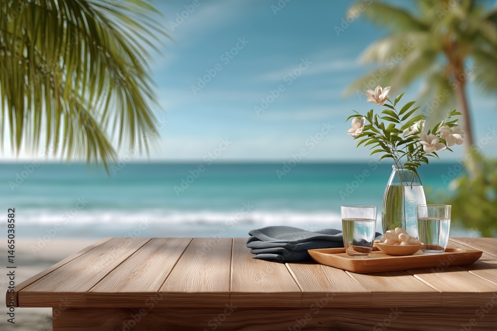 Relaxing Beachside Setup With Flowers and Refreshments Near Calm Ocean Waves in Sunny Weather
