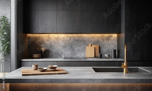 Fototapeta Naklejka Na Ścianę i Meble -  Modern minimalist kitchen interior with dark wood cabinets, grey marble countertops, and brass faucet under soft lighting on a grey background. 3D Rendering,