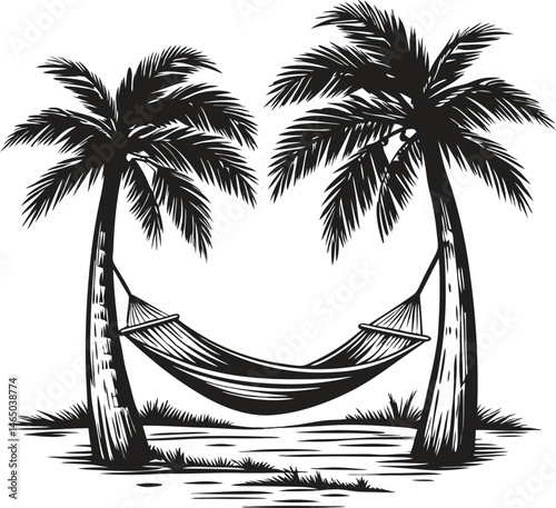 Relaxing black and white hammock between palm trees illustration