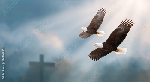 Eagles Soar Through the Sky With Sunlight Breaking Through Clouds Near a Cross