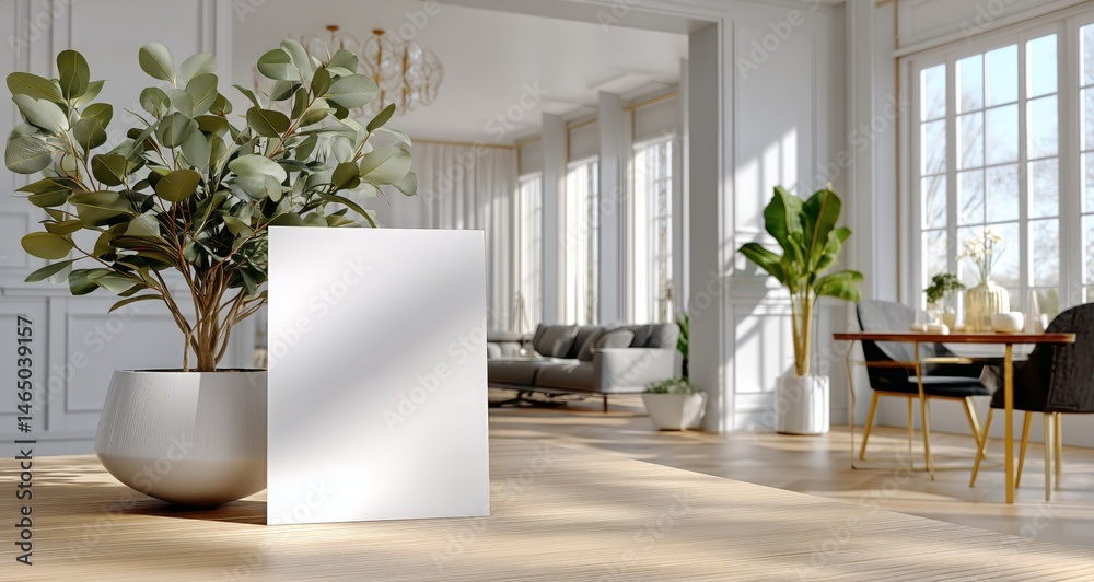 Modern Living Room With Indoor Plants and Blank Canvas on Wooden Floor in Bright Sunlight