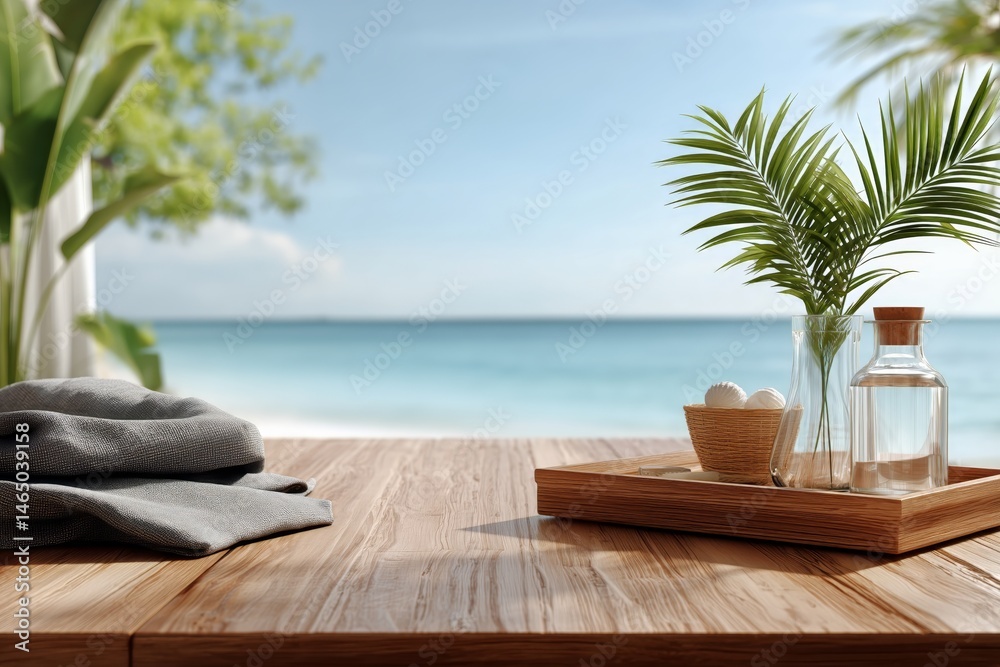 Relaxing Tropical Setting With Beach View and Decorative Elements on Wooden Table