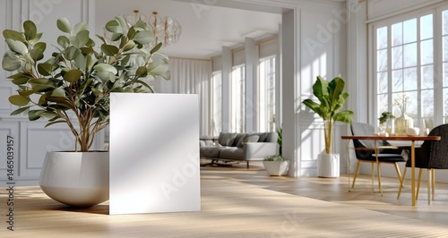 Obraz na płótnie Modern Living Room With Indoor Plants and Blank Canvas on Wooden Floor in Bright Sunlight w salonie