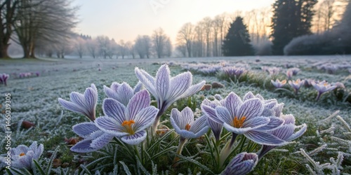 Frost-covered crocuses in a field at sunrise. Delicate purple petals sparkle.