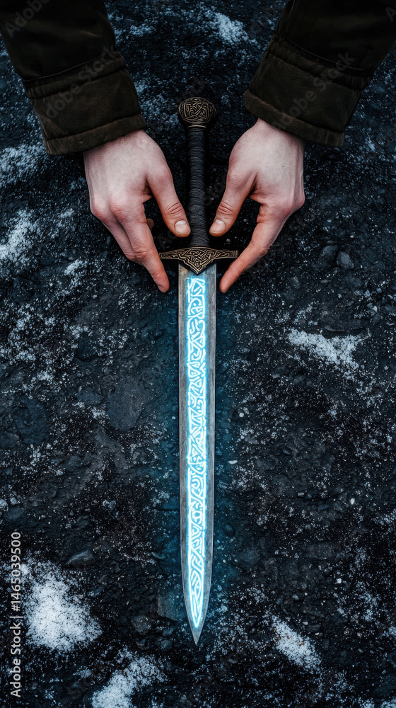 Hands gently touch rune inscribed sword with glowing blue blade on snowy ground