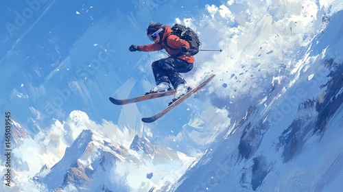 Skier in Bright Orange Jacket Leaping Off Snowy Mountain with Majestic Peaks in Background