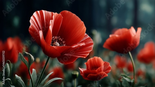 Obraz na płótnie Vibrant Red Poppies Bloom in a Serene Landscape During Golden Hour w salonie