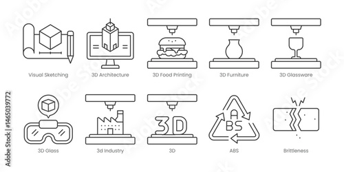 3D Printing  Outline Icons Set – Visual Sketching, 3D Architecture, 3D Food Printing, 3D Furniture, 3D Glass, 3D Glassware, 3D Industry, 3D, Abs, Brittleness, Editable Stroke.