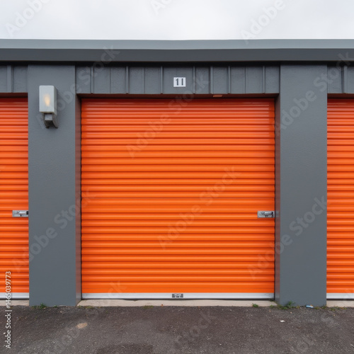 Bright orange storage unit doors create vibrant contrast against gray building, showcasing modern design and organized storage solutions
