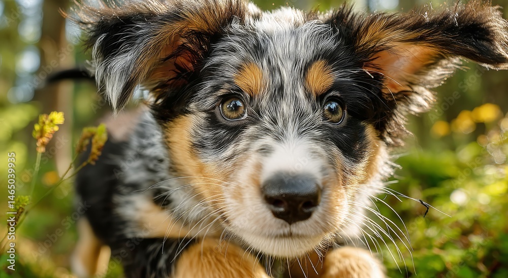 Playful Puppy Running Through a Field Surrounded by Nature on a Sunny Day in the Countryside
